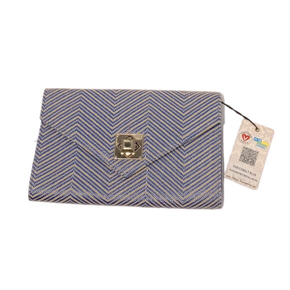 Urban Expression Blue/cream herringbone Clutch with gold chain strap vegan, NWT - Picture 3 of 12